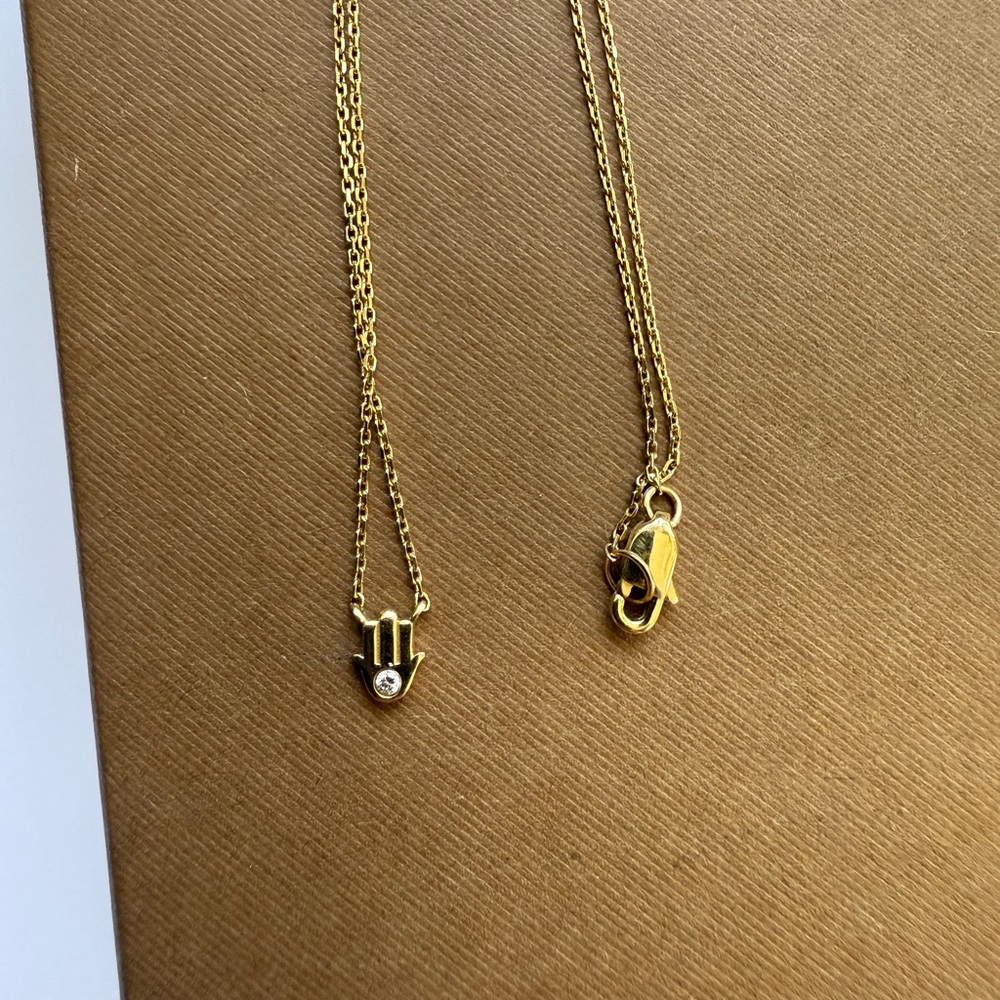 14K Solid Gold with Diamond Hamsa Hand necklace and earrings set - Picture 6 of 7